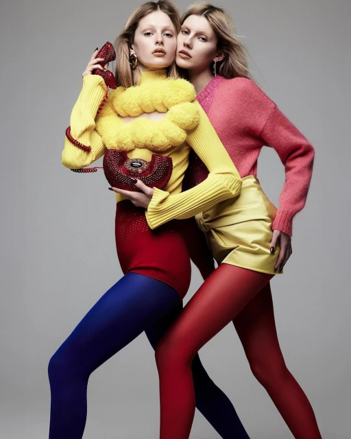 Two women in brightly colored fashion, one holding a vintage telephone and purse, posing in a studio with a neutral background.