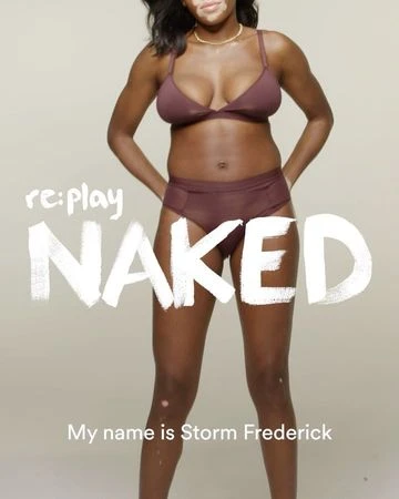 Model wearing brown lingerie set against a neutral studio backdrop with overlaid white typography text saying replay naked.