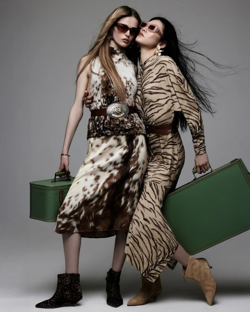 Two women pose in animal-print fashion with vintage green suitcases and neutral-toned boots in a studio setting with muted background.