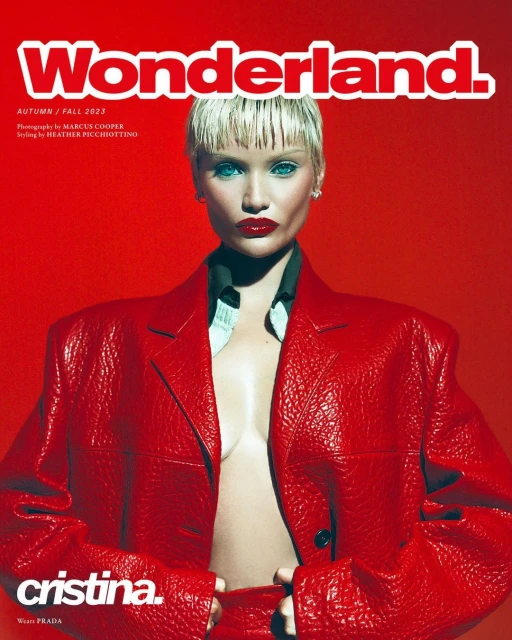 Wonderland magazine cover featuring a blonde woman with bright blue eyes and red lipstick wearing a red leather jacket.