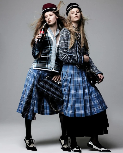 Two fashion models pose indoors in plaid schoolgirl-style outfits with hats, skirts, jackets, socks, and shoes against a grey backdrop.