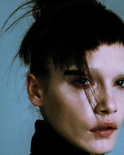 Close-up portrait of an adult female with a dark, messy topknot, short bangs, and neutral expression, set against a light blue background.
