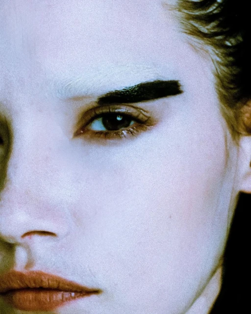 Close-up portrait of an adult female with graphic black eyeliner and exaggerated eyebrow, showcasing bold beauty and makeup artistry.