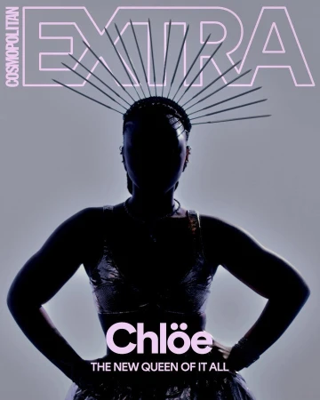Cosmopolitan EXTRA cover featuring a silhouetted figure of a woman wearing a spiky halo-like headpiece, hands on hips, against grey backdrop.