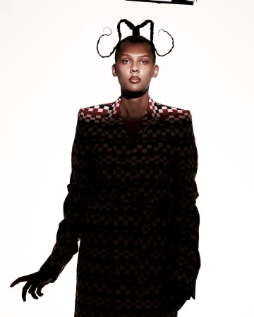 Model in a checkered patterned coat with elaborate sculptural braided hair against a plain white background