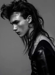 Monochrome portrait of a young man with long dark hair in profile wearing a black top against a grey background