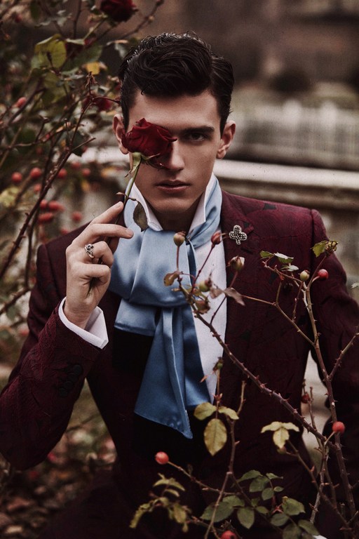 Elegant man in a maroon suit and blue scarf, holding a red rose to his eye in an outdoor setting with rose bushes.