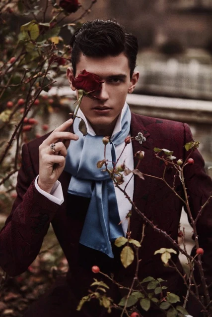 Elegant man in a maroon suit and blue scarf, holding a red rose to his eye in an outdoor setting with rose bushes.