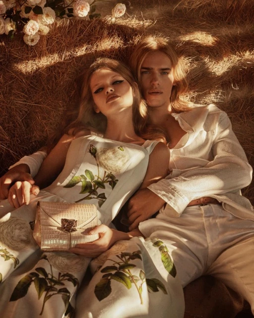 Romantic couple in white floral attire lie in sunlit hay with a stylish purse, surrounded by delicate roses and soft, golden light.