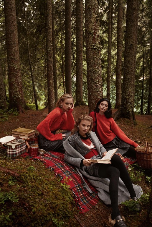 Three women in a forest setting, wearing red sweaters, seated on a plaid blanket next to picnic items, books, and tall trees.