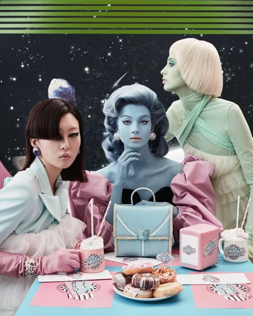 Three models pose with pastel makeup, wigs, and outfits at a table with pastries, a purse, and cups against a space backdrop in a studio.