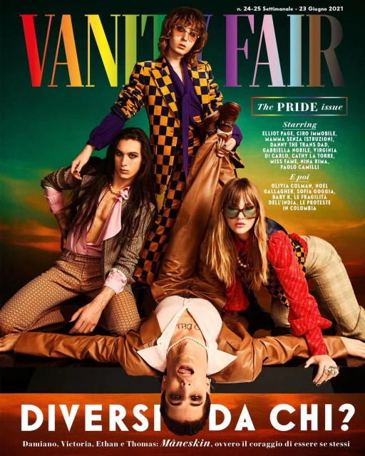 Vanity Fair cover featuring members of the band Måneskin, posing in stylish retro outfits, showcasing a vibrant and artistic aesthetic.