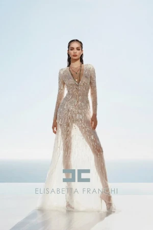 Model in a sheer embellished long-sleeve gown standing against a bright sky backdrop with a brand logo overlay