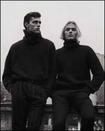 Two male models in dark turtleneck sweaters standing together against an outdoor architectural background in Milan.