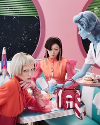 Three models in retro diner setting with pink walls and circular windows showing starry space, styled by Nima Benati.