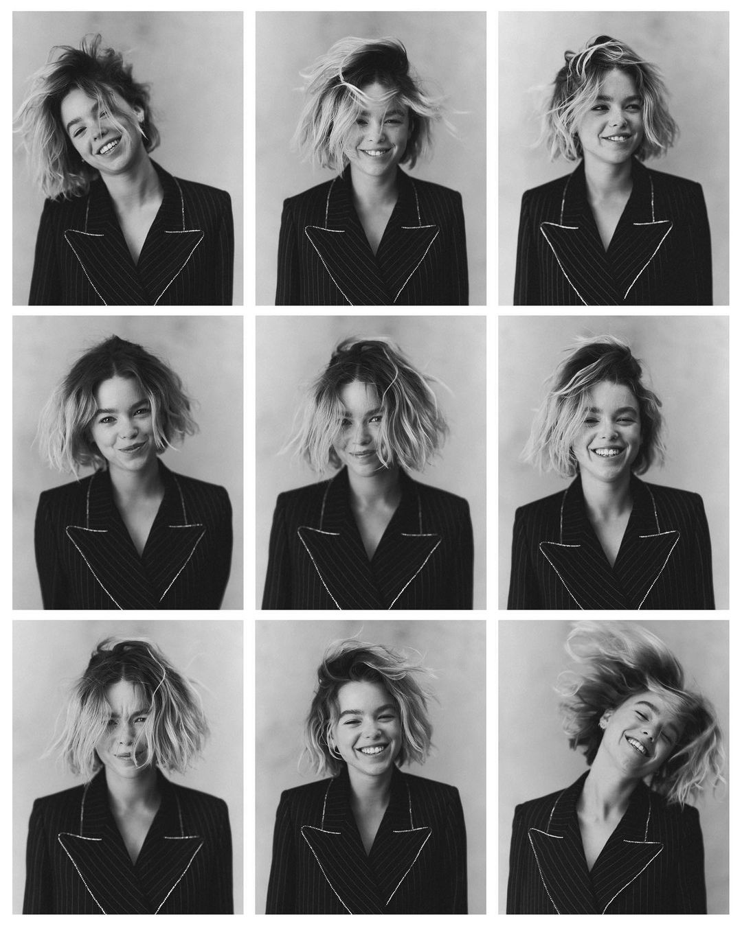 Black and white photo mosaic: blonde woman in pinstripe blazer smiles and poses in nine headshots against neutral backdrop.