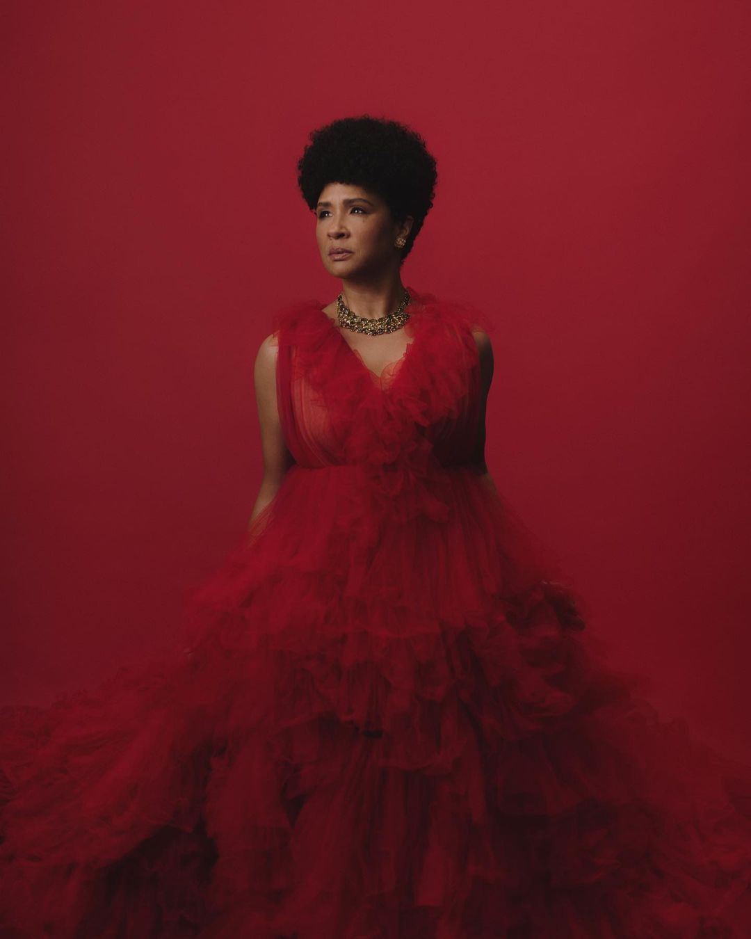 Portrait of a woman with dark curly hair wearing a red tulle gown and an ornate gold necklace against a red background.