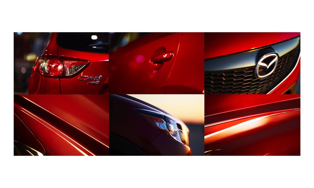 Close-up composite of a red Mazda CX-5 showing its taillight, door handle, logo, and headlight details against blurred backgrounds.