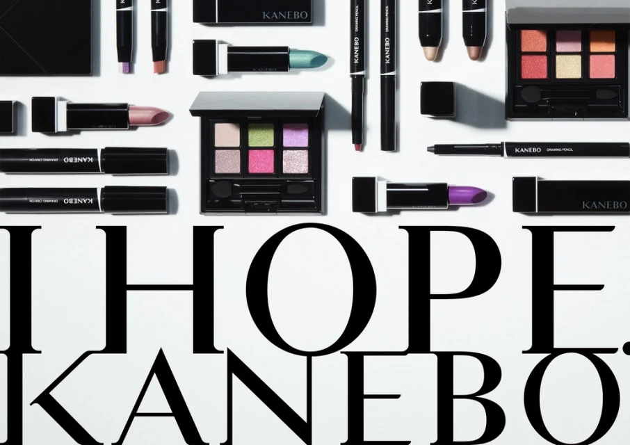 Kanebo makeup products: lipsticks, eye shadow palettes, and drawing pencils are arranged on a white surface with brand typography.