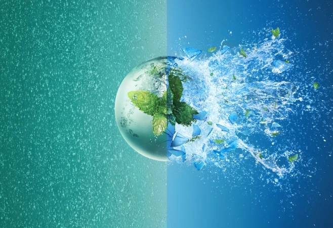 Abstract image of a sphere with mint leaves, water splashes, and fractured pieces against split green and blue backgrounds.