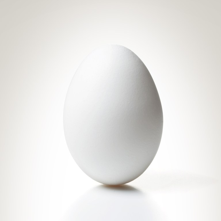 Studio shot of a single, white egg, standing upright and casting a soft shadow on a clean, light-colored surface. Minimalist aesthetic.