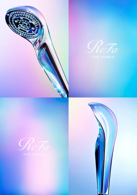 Product shot showcasing two REFA Fine Bubble shower heads. One shows the spray nozzle, and the other presents the handle against a soft gradient background.