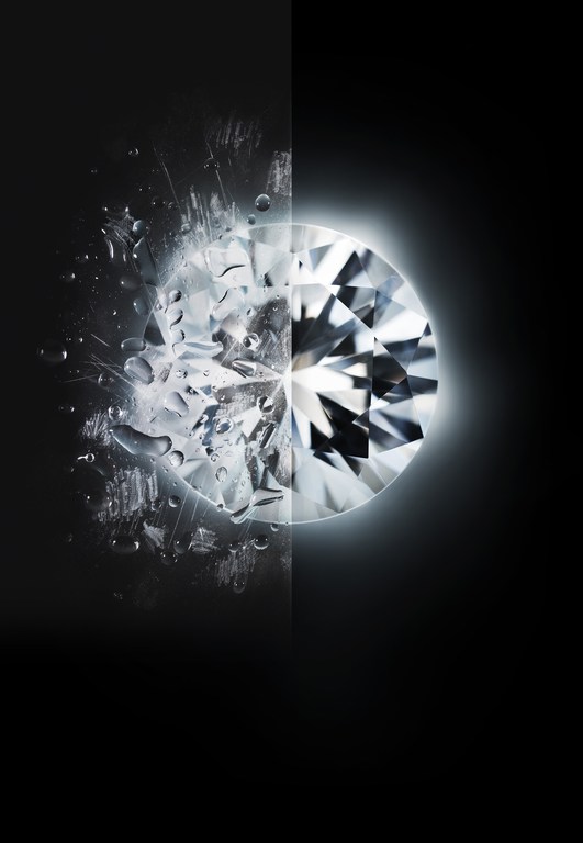Close-up of a round cut diamond, half with water droplets and scratches, half clean and illuminated on a black background.