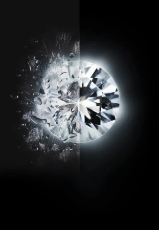 Close-up of a round cut diamond, half with water droplets and scratches, half clean and illuminated on a black background.