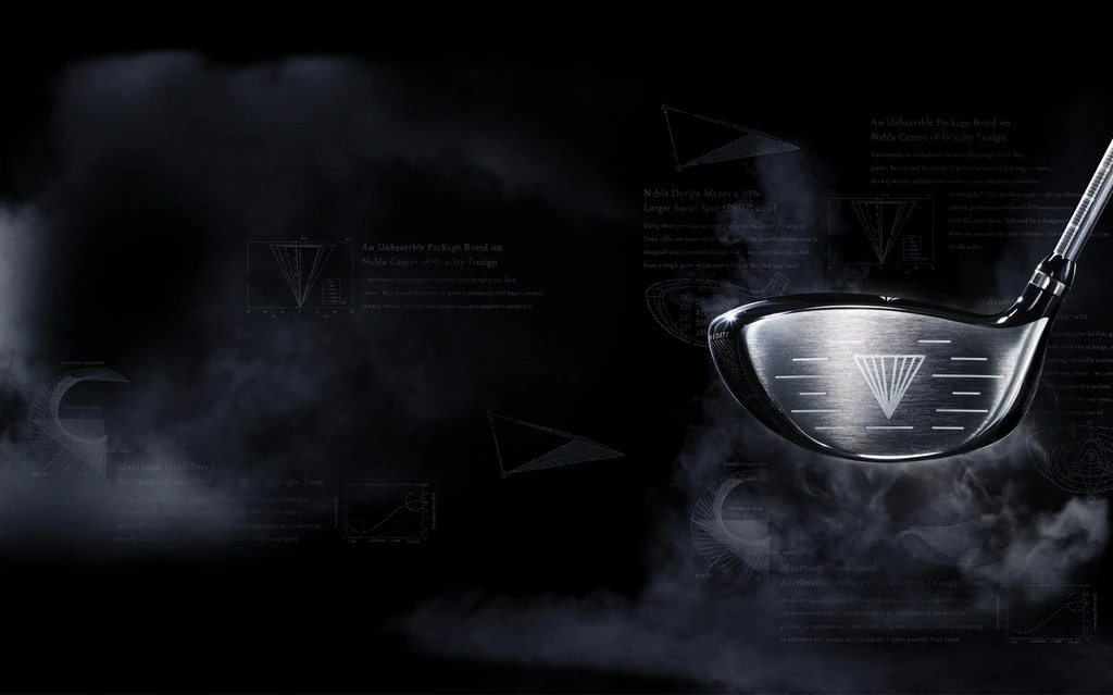 Metallic golf club head isolated on a dark background with geometric diagrams and smokey textures for a modern sports equipment visual.