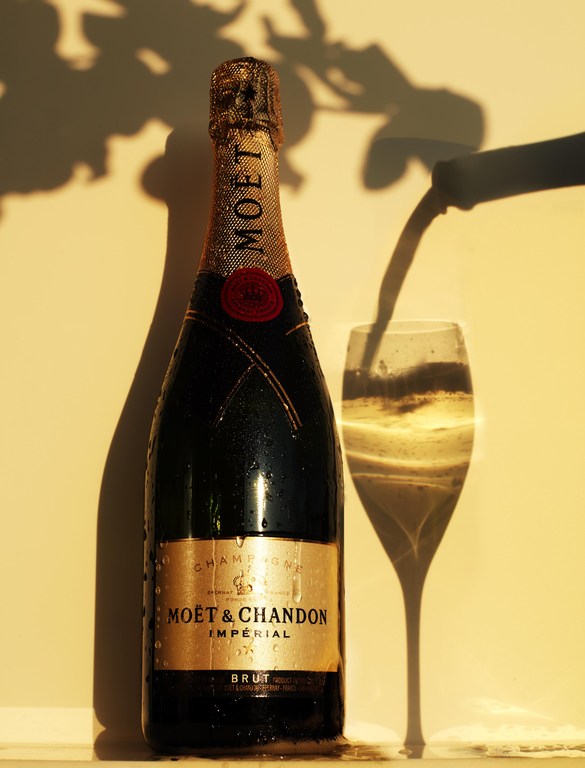 Elegant still life shot of a champagne bottle and glass, with leaf shadows creating a natural, celebratory aesthetic.