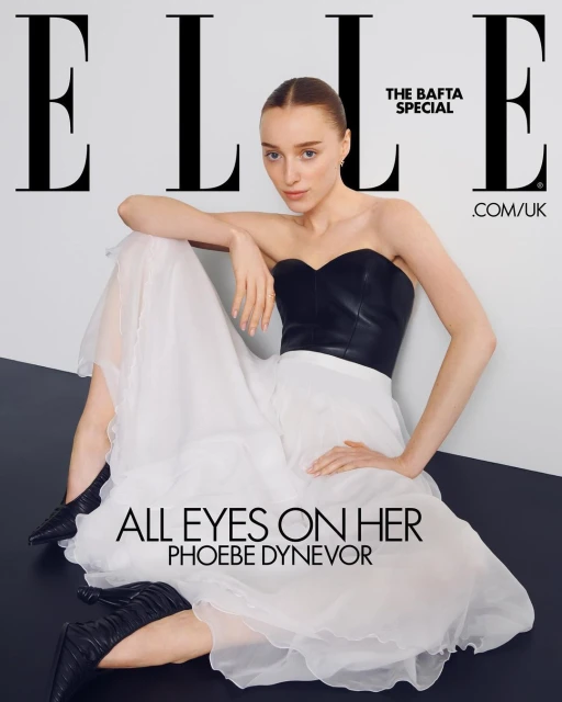 Elle Magazine cover featuring Phoebe Dynevor in a strapless black top and white dress, seated against a black and white background.
