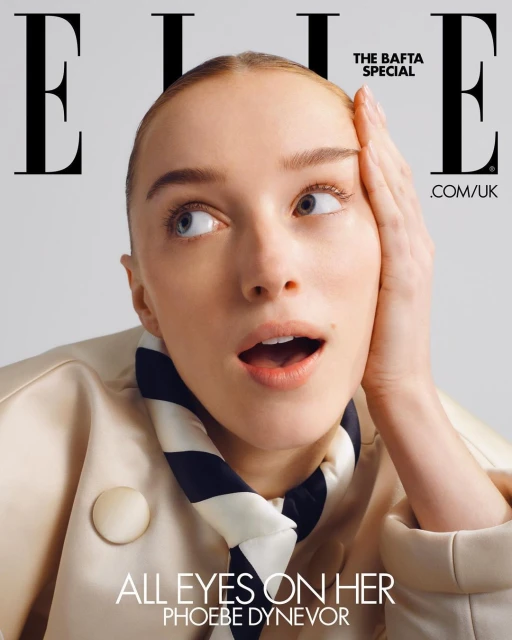 Elle magazine cover featuring Phoebe Dynevor with surprised expression, wearing a light jacket and striped neck scarf on white backdrop.