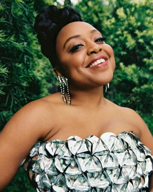 Smiling Black woman portrait with formal silver sequin dress, looking up, in an outdoor setting with lush green foliage background.