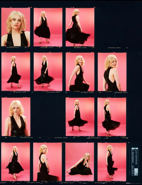 Multiple frames showcase a fair-skinned woman in a black dress against a pink backdrop, captured with studio lighting and fashion photography.