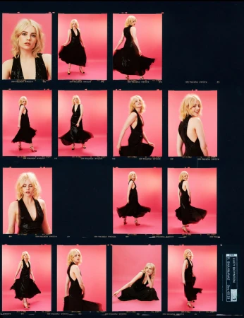 Multiple frames showcase a fair-skinned woman in a black dress against a pink backdrop, captured with studio lighting and fashion photography.