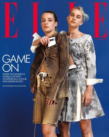 Elle magazine cover featuring two female models in stylish outfits against a blue backdrop. The focus is on fashion and portraiture.