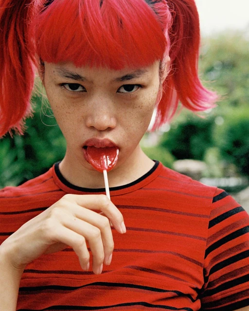 Close-up of an adult woman with bright pink pigtails and striped shirt, holding a lollipop to her open mouth outdoors in daytime.
