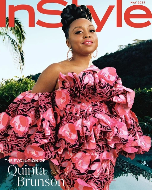 Magazine cover featuring Quinta Brunson in a pink floral dress, large hoop earrings, and an updo, set against an outdoor leafy background.