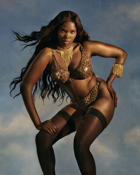 A plus-size African American woman in leopard-print lingerie, gold jewelry, and black stockings strikes a confident pose against a blue sky.