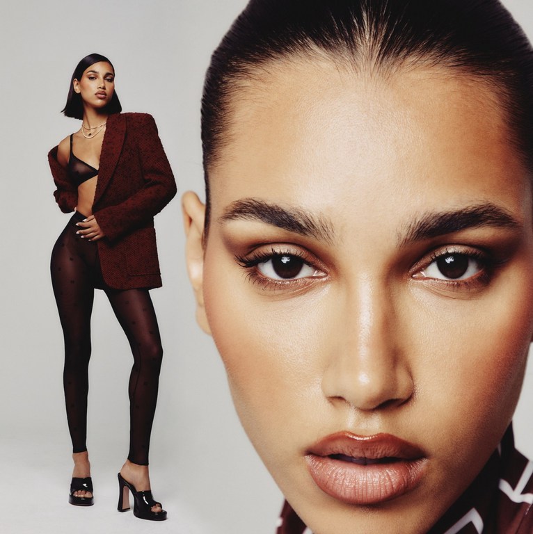 Composite fashion portrait featuring a full-length model shot alongside a close-up face crop on a white background