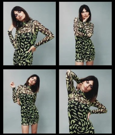 Four panel composite image of a woman with dark hair wearing a patterned green and black long sleeve dress against a grey backdrop