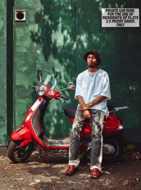 Young man in bucket hat sits on a red scooter in front of a green wall with signage, wearing a white t-shirt and patterned jeans.