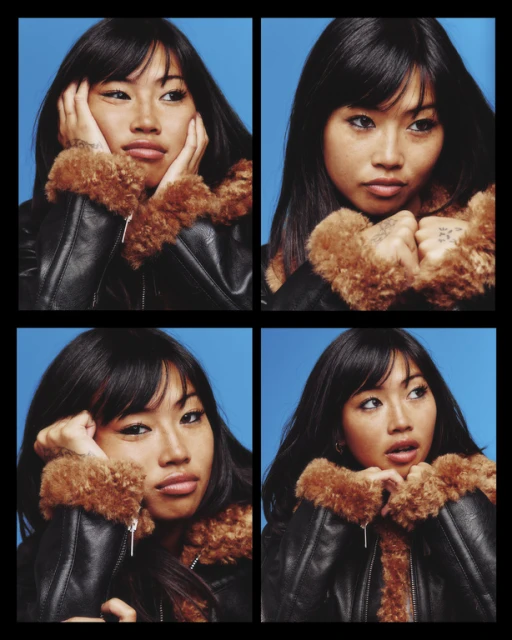 Four-panel portrait of a young adult woman with black hair and a fur-lined jacket against a bright blue backdrop, showcasing varied expressions.