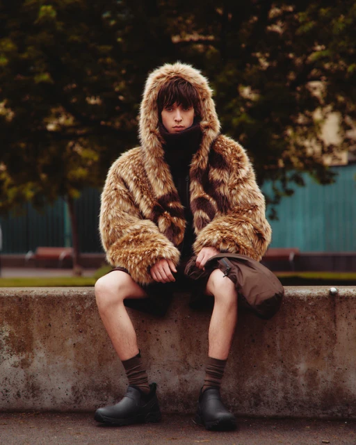 Man in a fur coat sits on a concrete ledge outdoors. He is wearing black shoes, and dark socks, and has a bag on his lap.