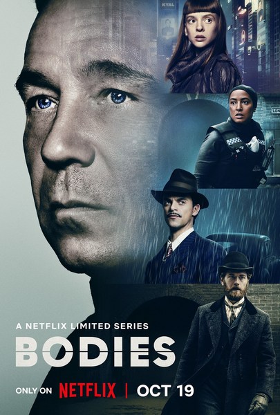 Promotional poster for the Netflix limited series BODIES, featuring close-up portraits of five diverse actors against a rainy urban backdrop.