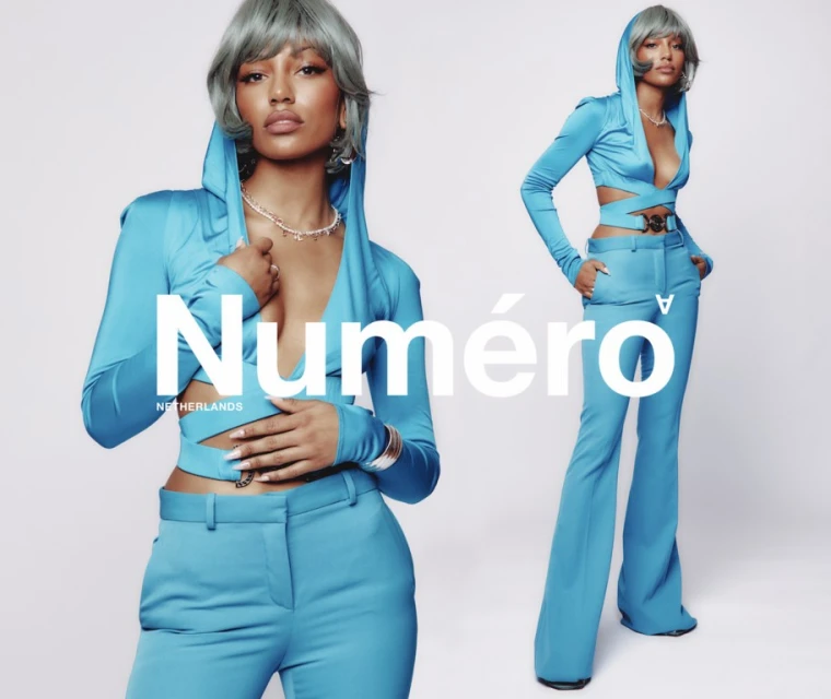 Two images of a woman with grey hair in a blue two-piece outfit. White background with overlaid white text: Numero Netherlands.