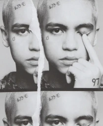 Black and white portrait of a person with facial tattoos and torn paper collage effect by Ryan Saradjola