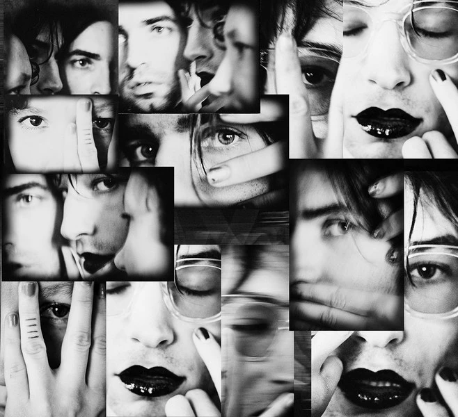 Black and white photomontage of a man's face with dark hair and lips, featuring eyes, fingers, and mirrored reflection effects.