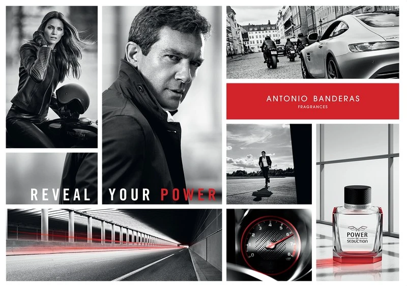 Collage of monochrome fashion and automotive shots: a woman on a motorcycle, Antonio Banderas, car dashboard, and perfume bottle.