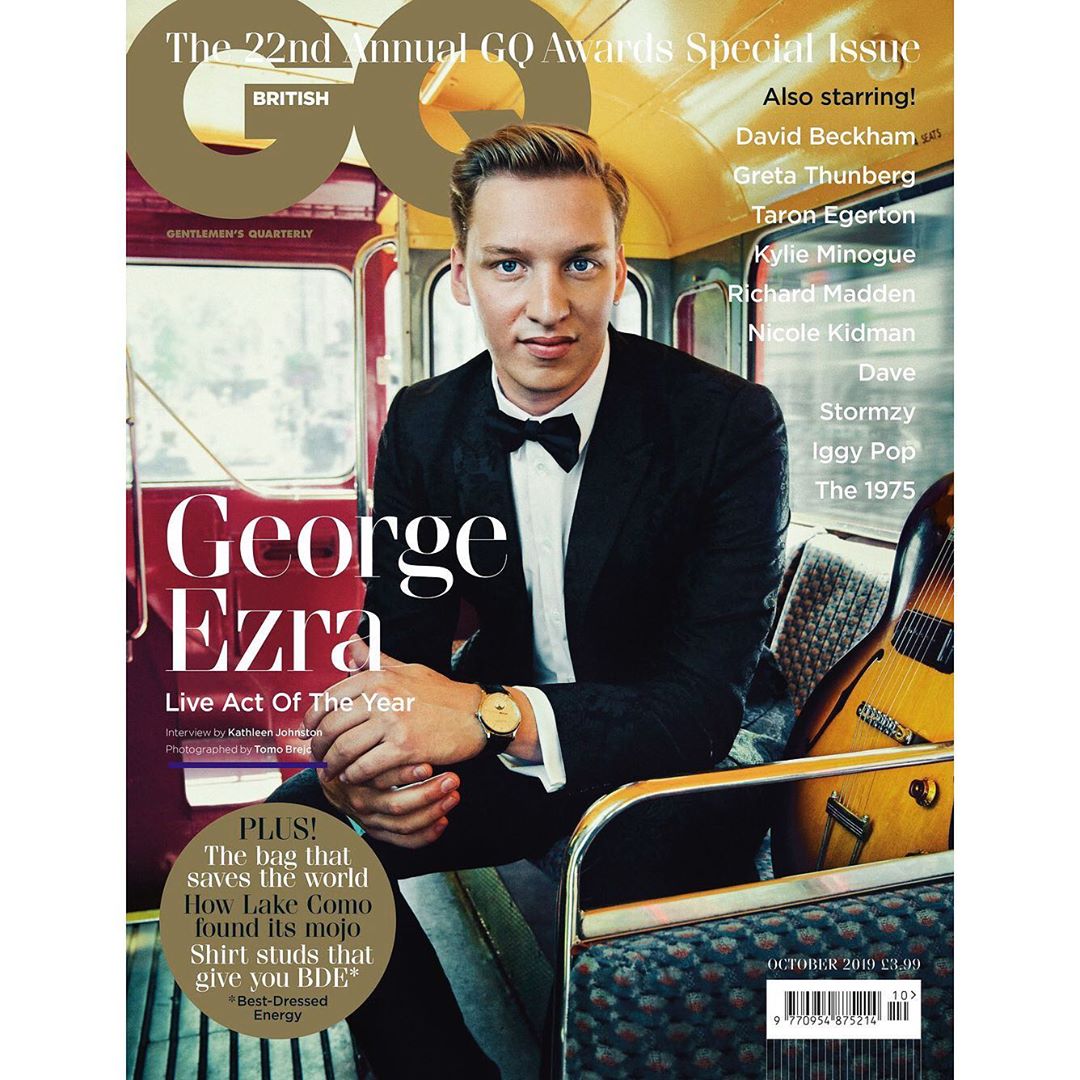 British GQ magazine cover featuring George Ezra in a suit and bow tie, with supporting articles about David Beckham, Greta Thunberg.